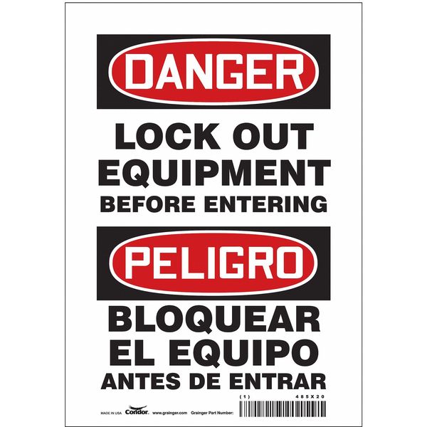 Lockout Sign, 10 in Height, 7 in Width, Vinyl, Horizontal Rectangle, English, Spanish