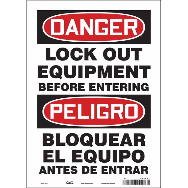 Lockout Sign, 14 in Height, 10 in Width, Vinyl, Vertical Rectangle, English, Spanish