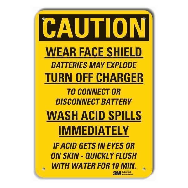 Reflective  Battery Hazard Caution Sign, 10 in Height, 7 in Width, Aluminum, Horizontal Rectangle