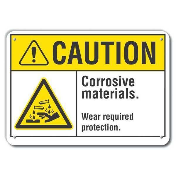 Reflective  Corrosive Materials Caution Sign, 10 in Height, 14 in Width, Aluminum, English