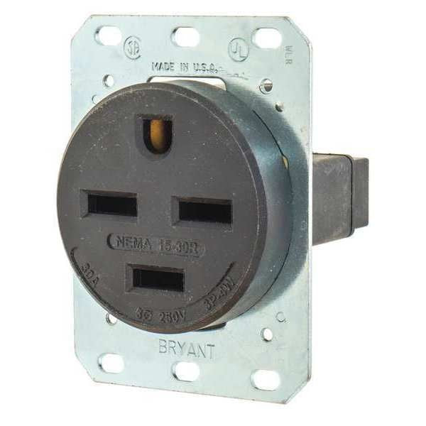 Receptacle, 30 A Amps, 250V AC, Flush Mount, Single Outlet, 15-30R, Black