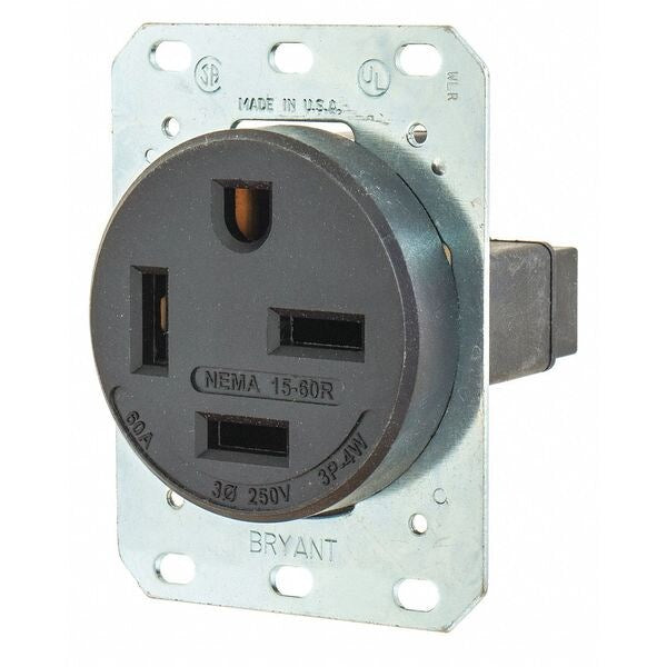 Receptacle, 60 A Amps, 250V AC, Flush Mount, Single Outlet, 15-60R, Black