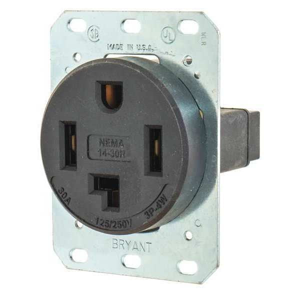 Receptacle, 30 A Amps, 125/250V AC, Flush Mount, Single Outlet, 14-30R, Black