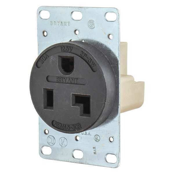 Receptacle, 30 A Amps, 125V AC, Flush Mount, Single Outlet, 5-30R, Black
