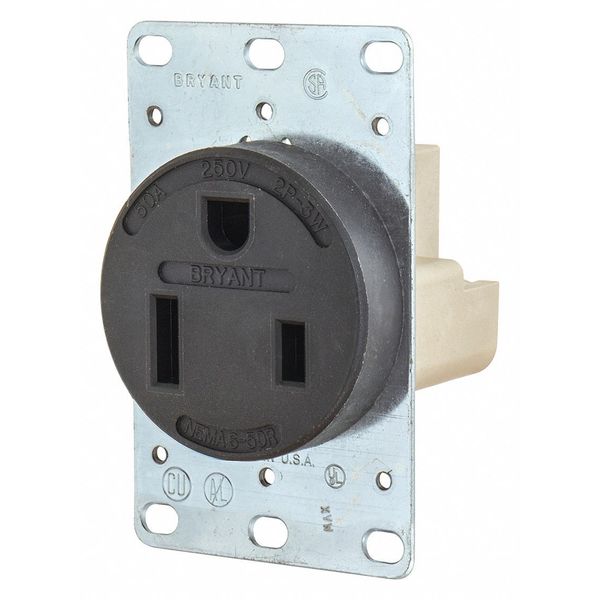 Receptacle, 50 A Amps, 250V AC, Flush Mount, Single Outlet, 6-50R, Black