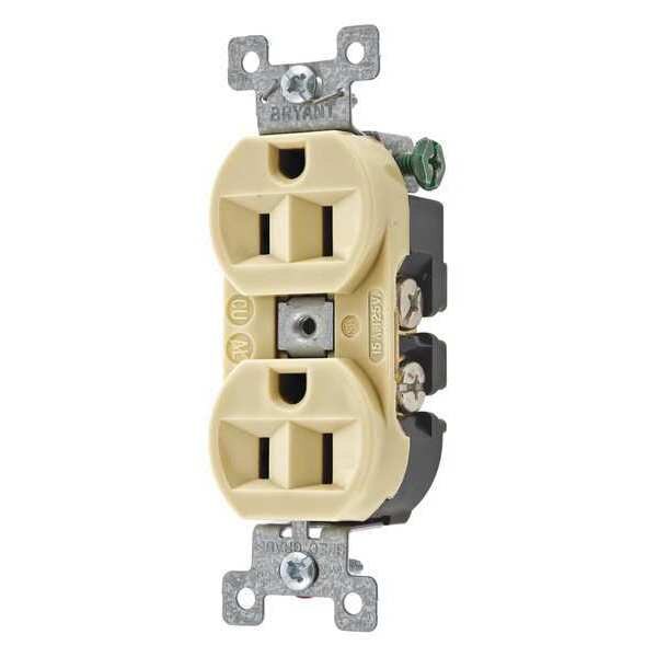Receptacle, 15 A Amps, 125V AC, Flush Mount, Standard Duplex Outlet, 5-15R, Ivory