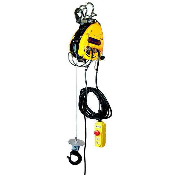 Electric Wire Rope Hoist, 500 lb, 90 ft, Hook Mounted - No Trolley, Yellow
