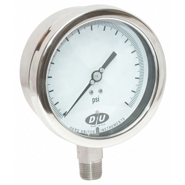 Pressure Gauge, 0 to 60 psi, 1/2 in MNPT, Stainless Steel, Silver