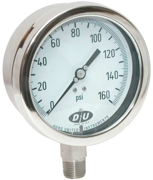 Pressure Gauge, 0 to 160 psi, 1/2 in MNPT, Stainless Steel, Silver