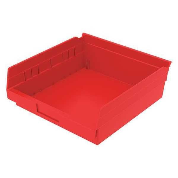 Shelf Storage Bin, Red, Plastic, 11 5/8 in L x 11 1/8 in W x 4 in H, 20 lb Load Capacity