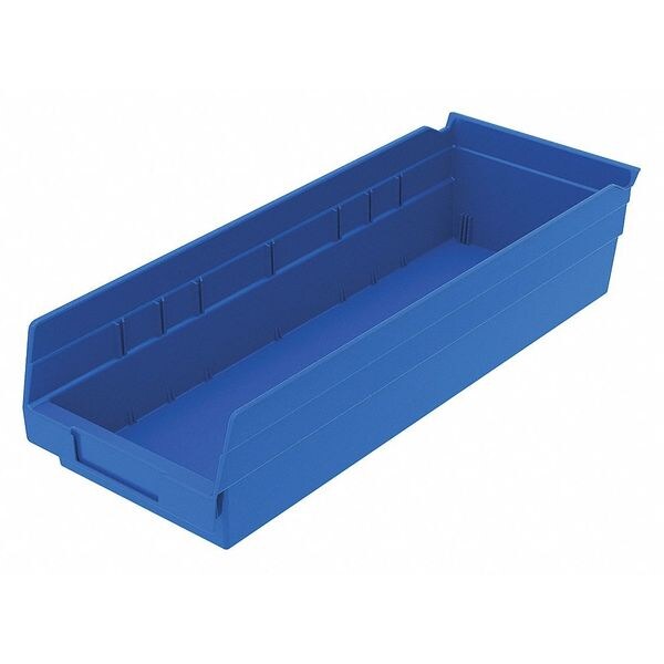 Shelf Storage Bin, Blue, Plastic, 17 7/8 in L x 6 5/8 in W x 4 in H, 20 lb Load Capacity