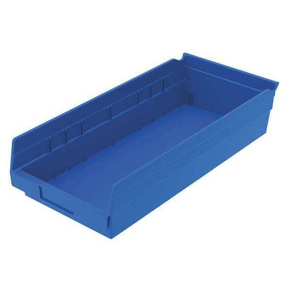 Shelf Storage Bin, Blue, Plastic, 17 7/8 in L x 8 3/8 in W x 4 in H, 20 lb Load Capacity