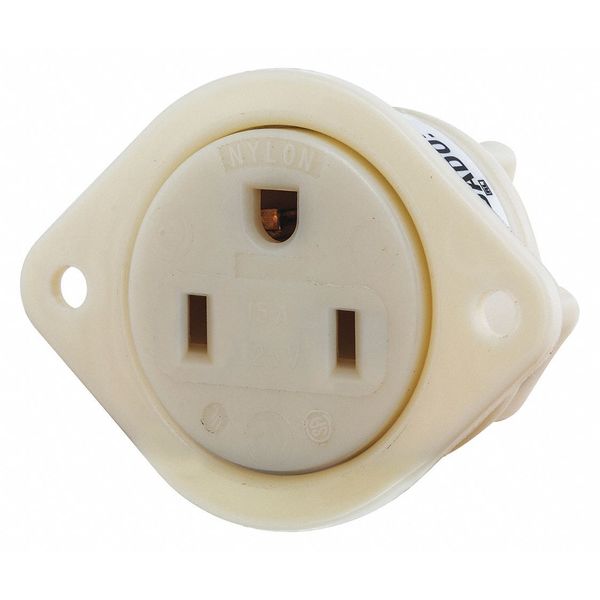 Flanged Receptacle, 15 A Amps, 125V AC, Panel Mount, Single Outlet, 5-20R, White