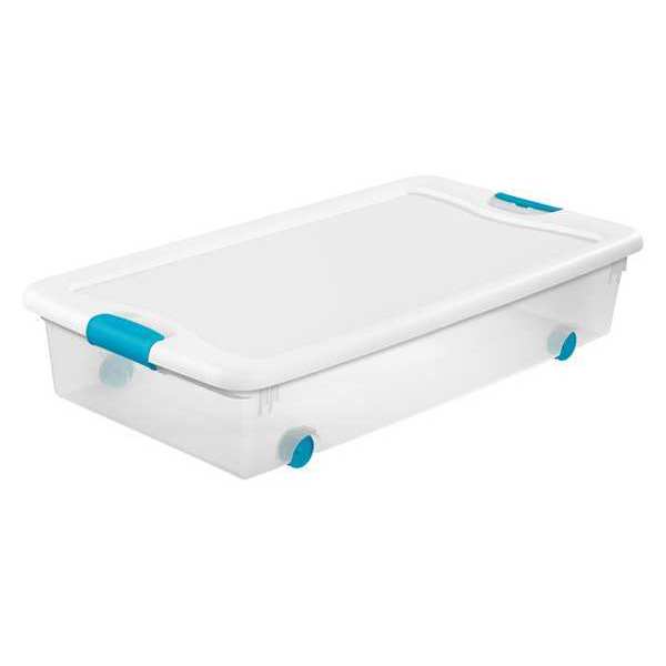 Storage Tote, Clear/White, Polypropylene, 33 7/8 in L, 18 3/4 in W, 7 in H, 14 gal Volume Capacity
