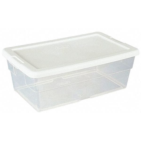 6 qt Storage Tote, Clear/White, Polypropylene, 13 5/8 in L x 8 1/4 in W x 4 7/8 in H