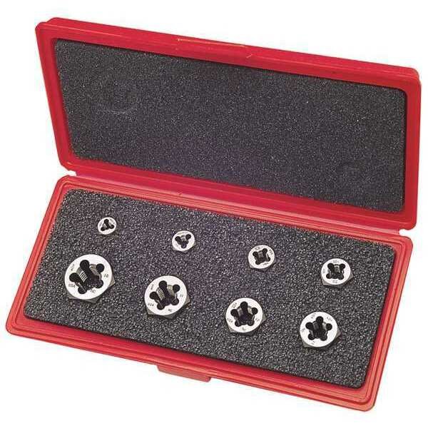 8pc Carbon Steel Hexagon Rethreading Die Set 377 Greenfield Threading, 1/4-28 to 3/4-16 UNF