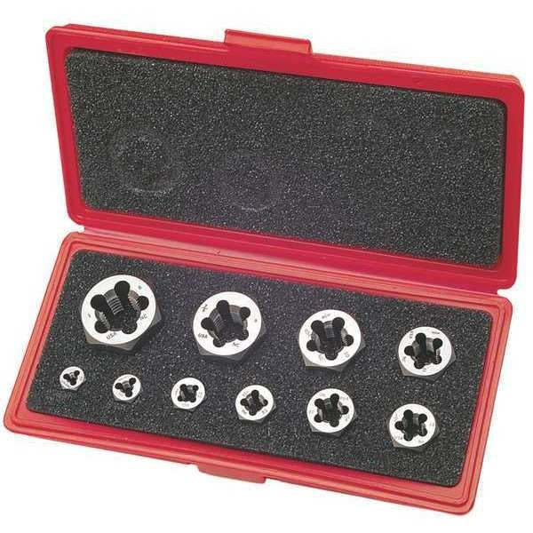 10pc Carbon Steel Hexagon Rethreading Die Set 377 Greenfield Threading, 1/4-20 to 1-8 UNC