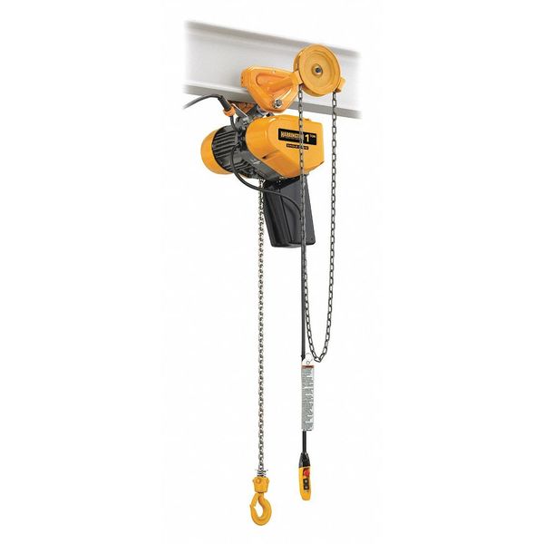 Electric Chain Hoist, 2,000 lb, 20 ft, Geared Trolley, Yellow