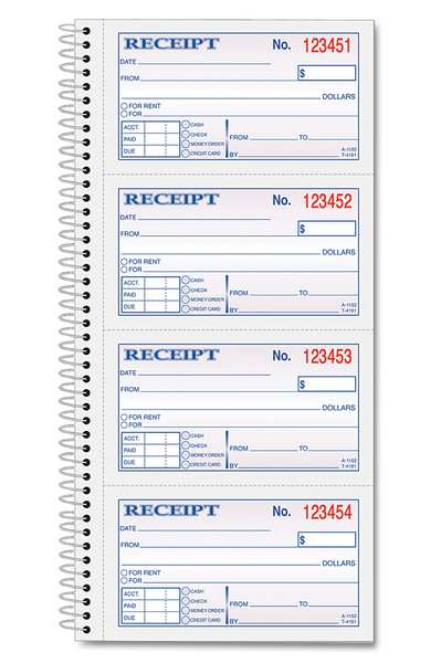 Money/Rent Receipt Spiral Book, 2-3/4