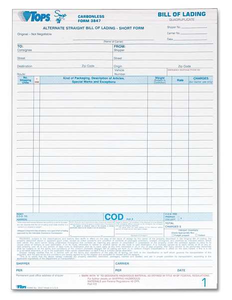 Bill of Lading Form, 8-1/2 x 11, PK50