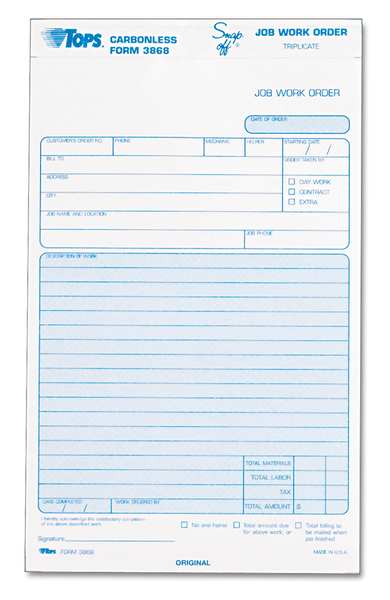 Job Work Order Form, 5-1/2 x 8-1/2, PK50
