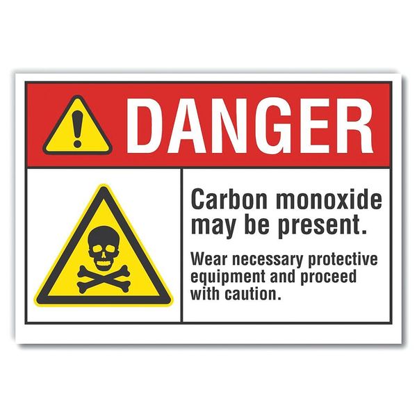 Carbon Monoxide Danger Label, 7 in Height, 10 in Width, Polyester, Vertical Rectangle, English