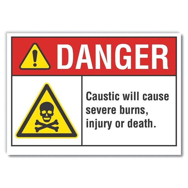 Caustic Danger Label, 3 1/2 in H, 5 in W, Polyester, Horizontal, English, LCU4-0036-ND_5X3.5
