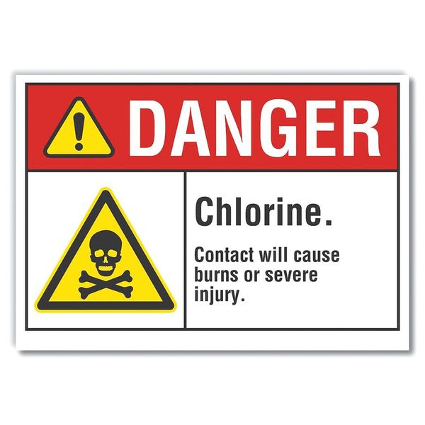 Chlorine Danger Reflective Label, 10 in Height, 14 in Width, Reflective Sheeting, English
