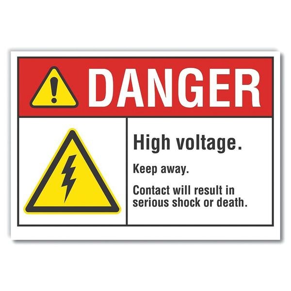 High Voltage Danger Label, 5 in Height, 7 in Width, Polyester, Horizontal Rectangle, English