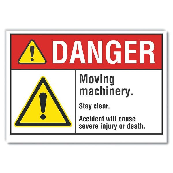 Moving Machinery Danger Label, 10 in Height, 14 in Width, Polyester, Horizontal Rectangle, English