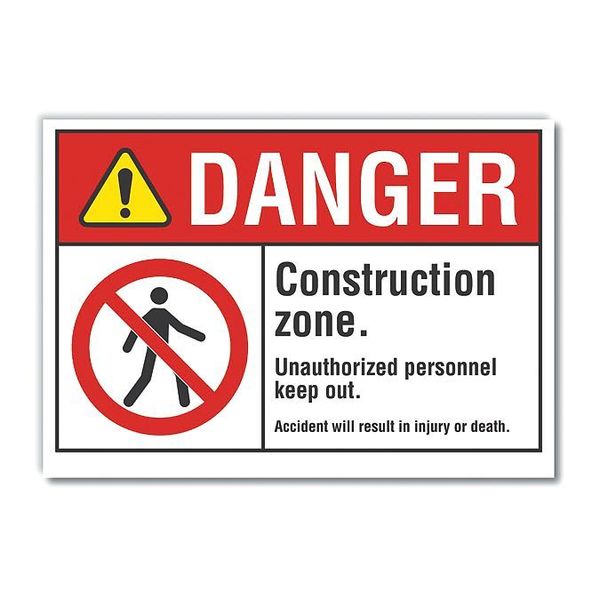 Construction Area Danger Reflective Label, 10 in Height, 14 in Width, Reflective Sheeting, English