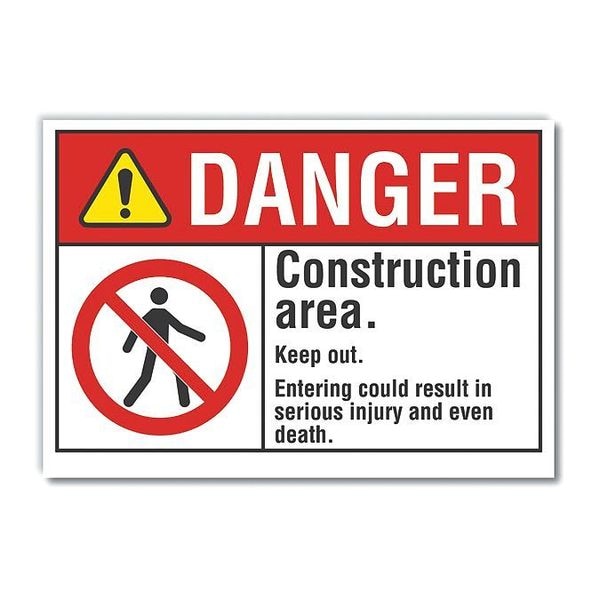 Construction Area Danger Label, 5 in Height, 7 in Width, Polyester, Horizontal Rectangle, English