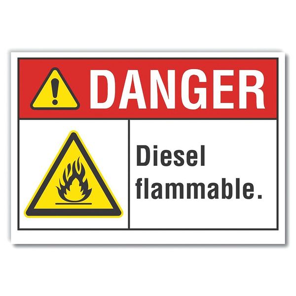 Diesel Danger Reflective Label, 5 in Height, 7 in Width, Reflective Sheeting, Horizontal Rectangle