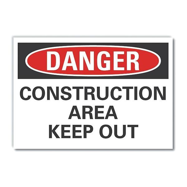 Construction Area Danger Label, 5 in Height, 7 in Width, Polyester, Horizontal Rectangle, English
