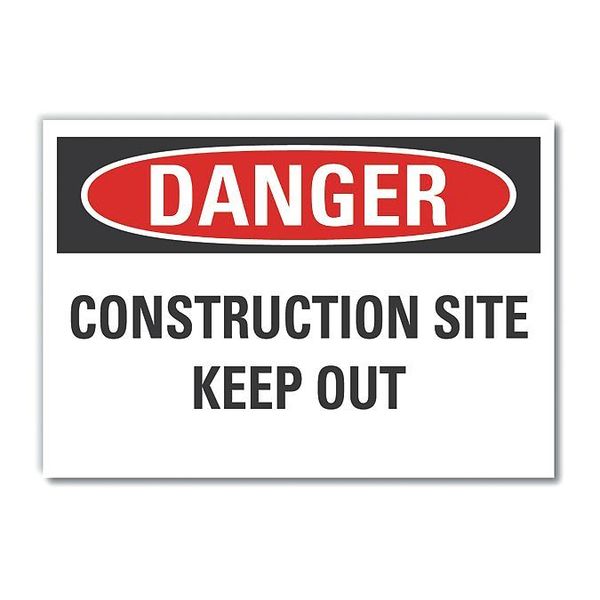 Construction Area Danger Label, 5 in Height, 7 in Width, Polyester, Horizontal Rectangle, English