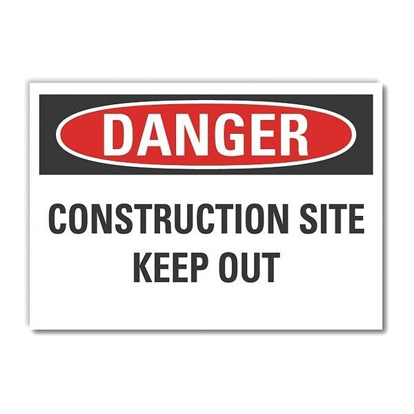 Construction Area Danger Label, 10 in Height, 14 in Width, Polyester, Horizontal Rectangle, English