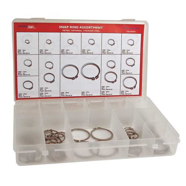 External Retaining Ring Assortment, Stainless Steel, Plain Finish, 138 Pieces