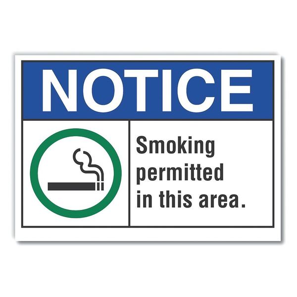 Smoking Area Notice Label, 5 in H, 7 in W, Polyester, Horizontal Rectangle, LCU5-0032-ND_7X5
