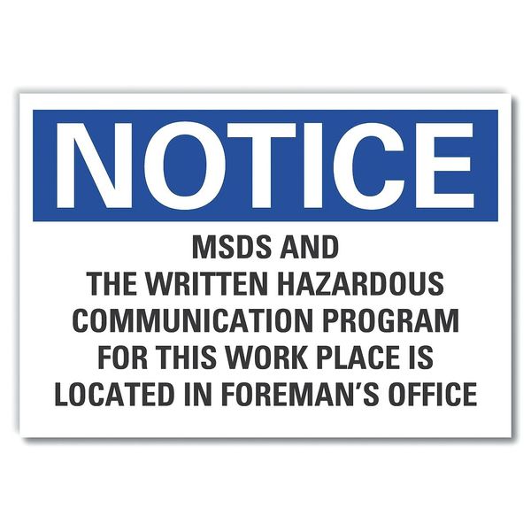 Msds Information Notice Label, 3 1/2 in Height, 5 in Width, Polyester, Horizontal Rectangle