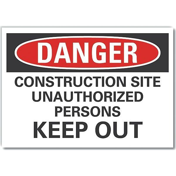 Construction Area Danger Label, 5 in Height, 7 in Width, Polyester, Horizontal Rectangle, English