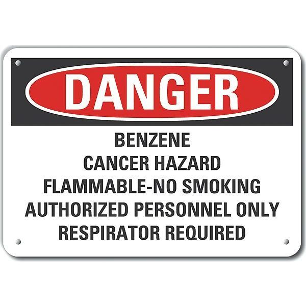 Reflective  Benzene Danger Sign, 10 in Height, 14 in Width, Aluminum, Horizontal Rectangle, English