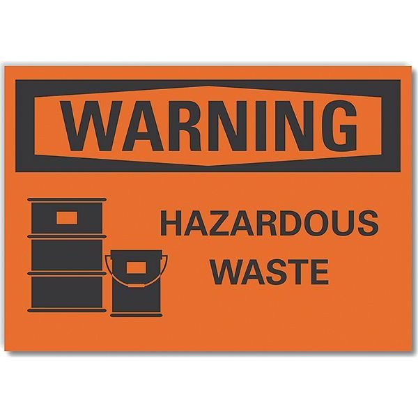 Hazardous Waste Warning Label, 5 in Height, 7 in Width, Polyester, Horizontal Rectangle, English