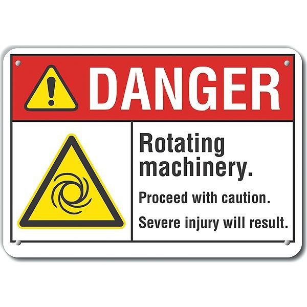 Reflective  Rotating Machinery Danger Sign, 7 in Height, 10 in Width, Aluminum, Vertical Rectangle