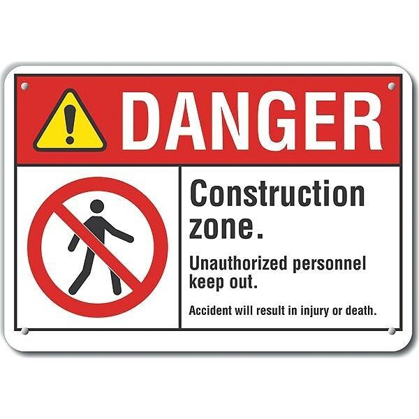 Reflective  Construction Area Danger Sign, 7 in Height, 10 in Width, Aluminum, Vertical Rectangle