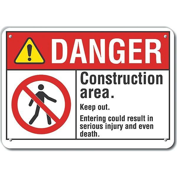 Reflective  Construction Area Danger Sign, 10 in Height, 14 in Width, Aluminum, English