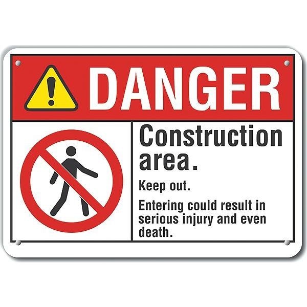 Plastic Construction Area Danger Sign, 10 in Height, 14 in Width, Plastic, Horizontal Rectangle