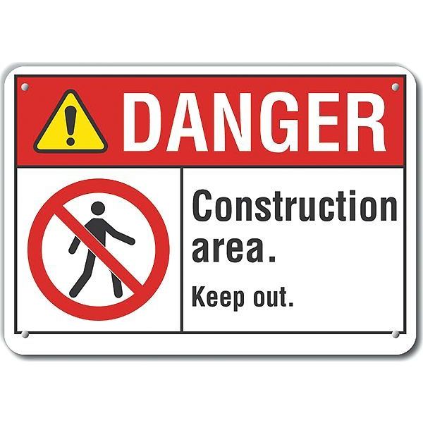 Reflective  Construction Area Danger Sign, 7 in Height, 10 in Width, Aluminum, Vertical Rectangle