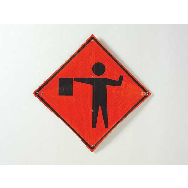 Flagger Ahead Traffic Sign, 36 in Height, 36 in Width, Polyester, PVC, Diamond, No Text