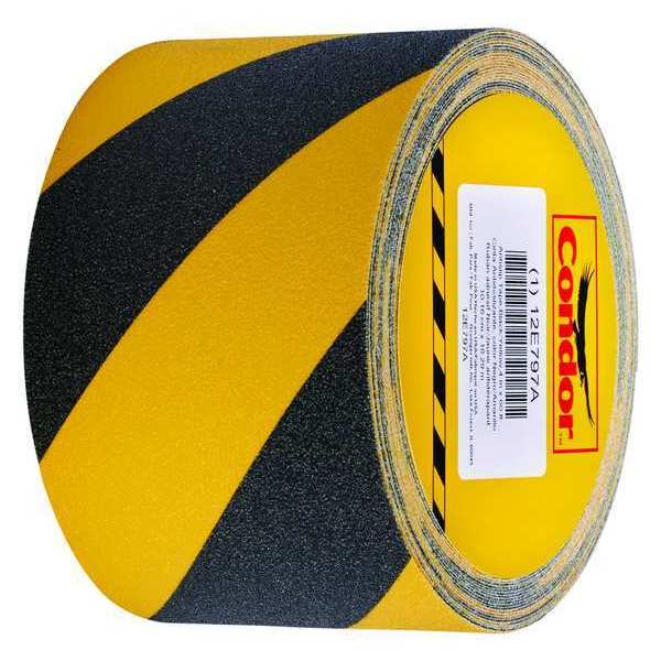 Anti-Slip Tape, Coarse, 60 Grit Size, Striped, Black/Yellow, 4 in x 60 ft, 32 mil Thickness, Acrylic
