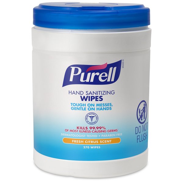 Hand Sanitizer Wipes, White, Canister, Non Linting Textured, 270 Wipes, 6 in x 6-3/4 in, Citrus